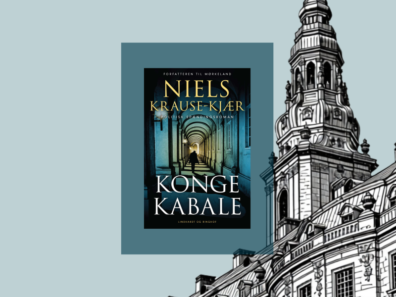 Forside af den politiske spændingsroman Kongekabale med stregtegning af Christiansborg i baggrunden.