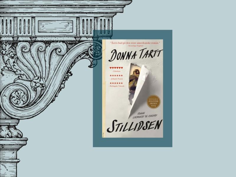 Forside på bogen ‘Stillidsen’ af Donna Tartt, vist på en lys baggrund med illustrationer af en renæssancesølje som symbol på kunsten.