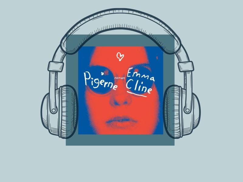 Coveret til ‘Pigerne’ af Emma Cline omgivet af tegnede hovedtelefoner.